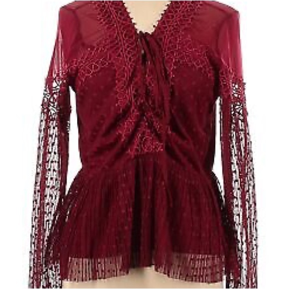 🩷BKE BOUTIQUE SHIRT RED LONG SLEEVE MESH PLEATED TULLE LACE UP SIZE SMALL - Picture 4 of 14